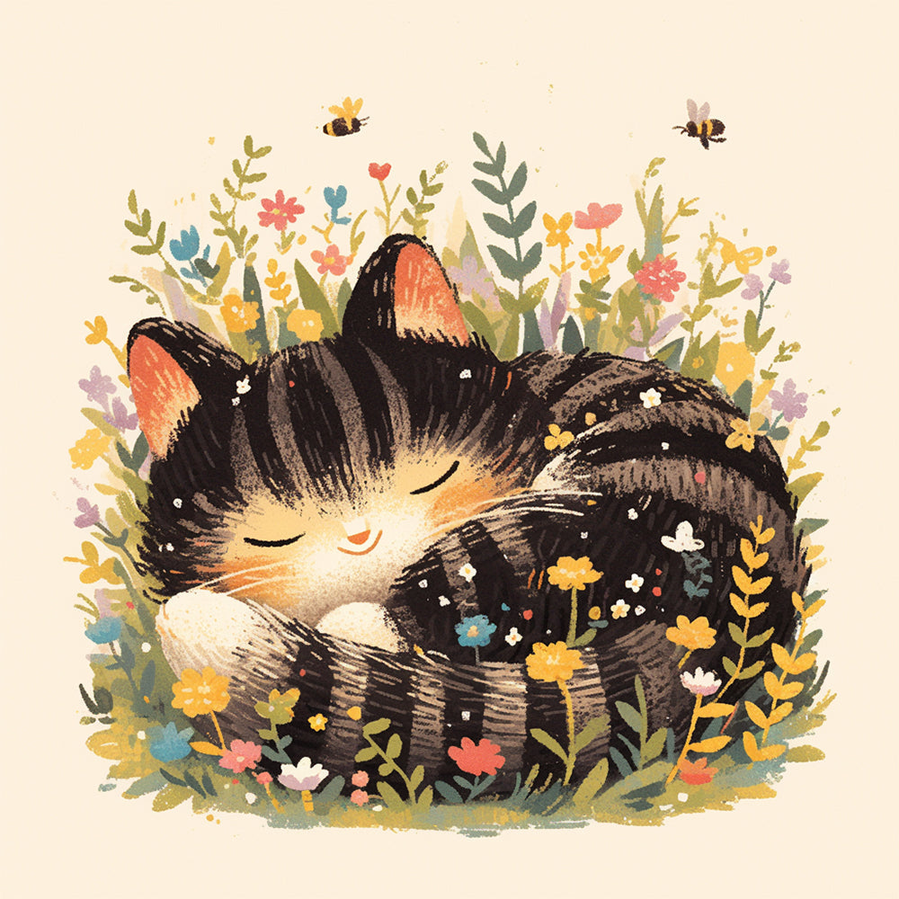 Katze schläft zwischen Blumen Diamond Painting