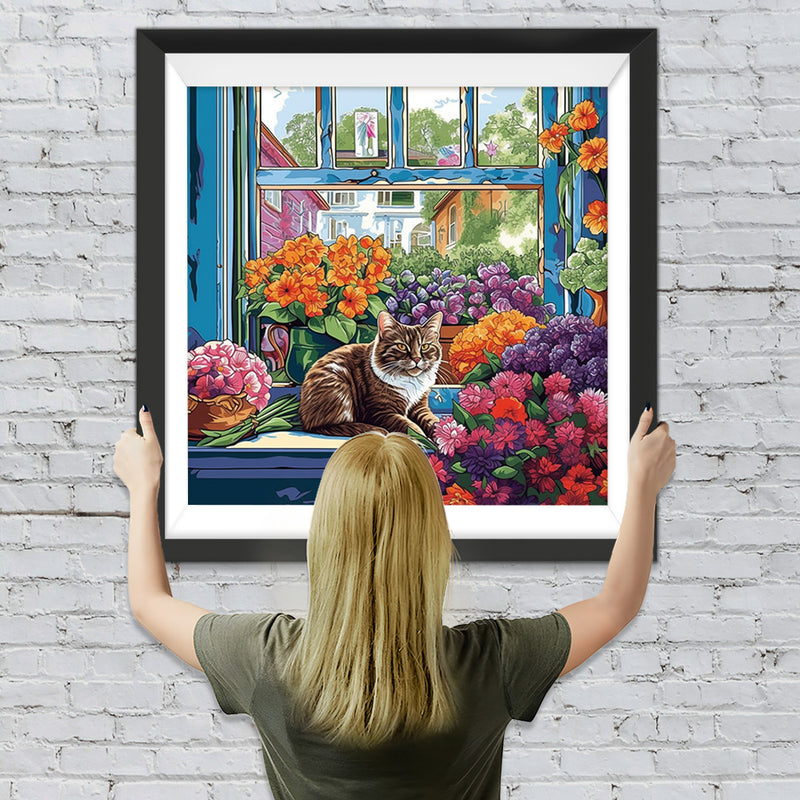 Katze umringt von Blumentöpfen Diamond Painting
