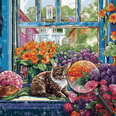 Katze umringt von Blumentöpfen Diamond Painting