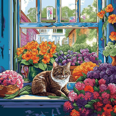 Katze umringt von Blumentöpfen Diamond Painting