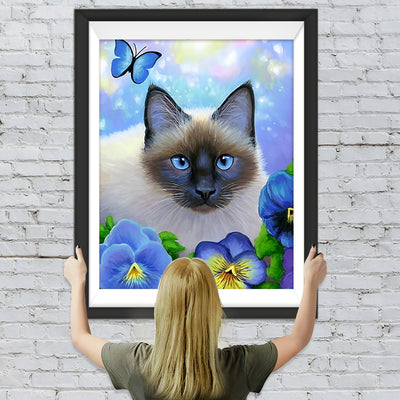 Katze und blaue Blumen Diamond Painting