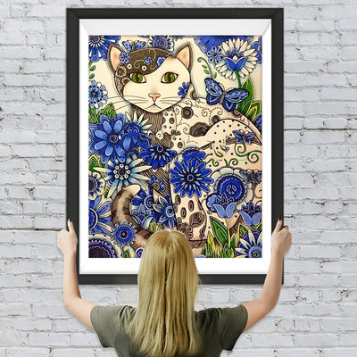 Katze und blaue Blumen Diamond Painting