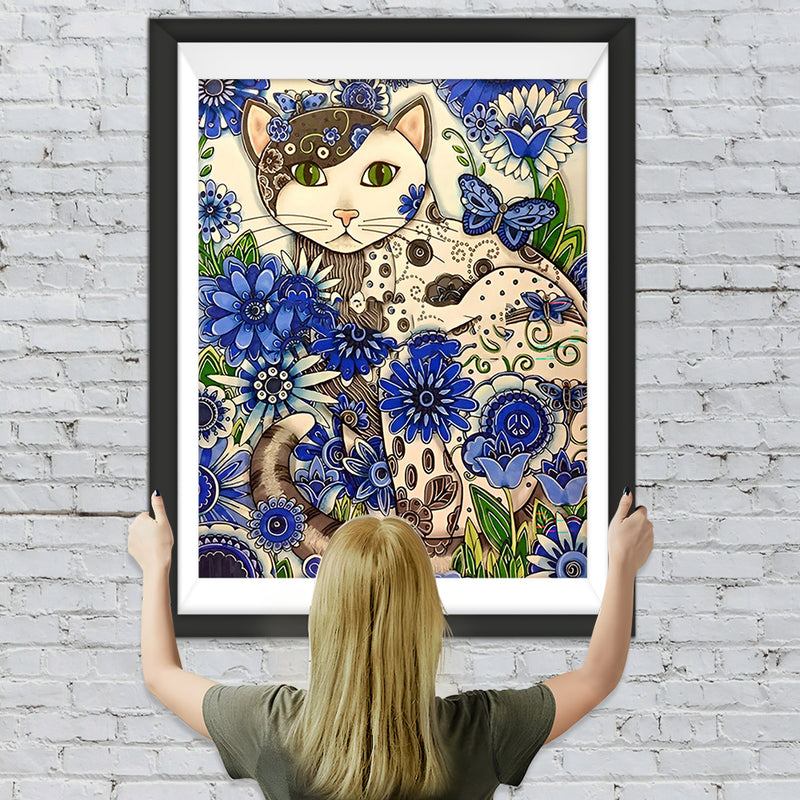 Katze und blaue Blumen Diamond Painting