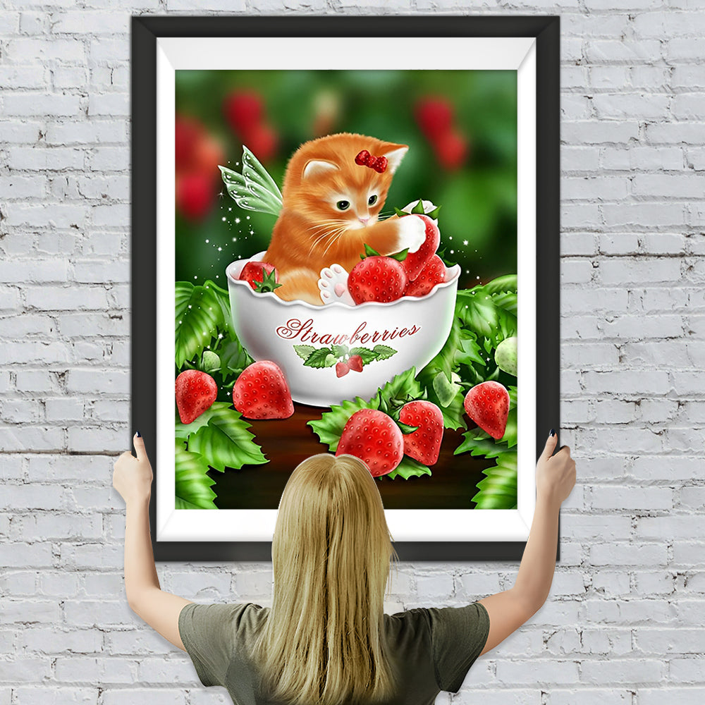 Katze und Erdbeeren in der Tasse Diamond Painting
