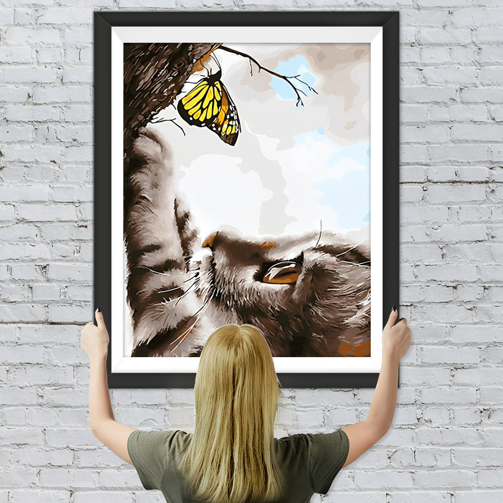 Katze und gelber Schmetterling Diamond Painting