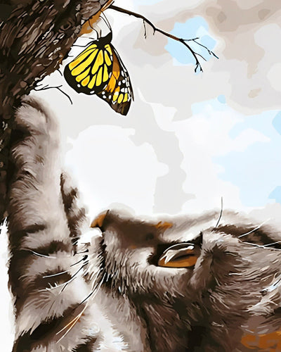 Katze und gelber Schmetterling Diamond Painting