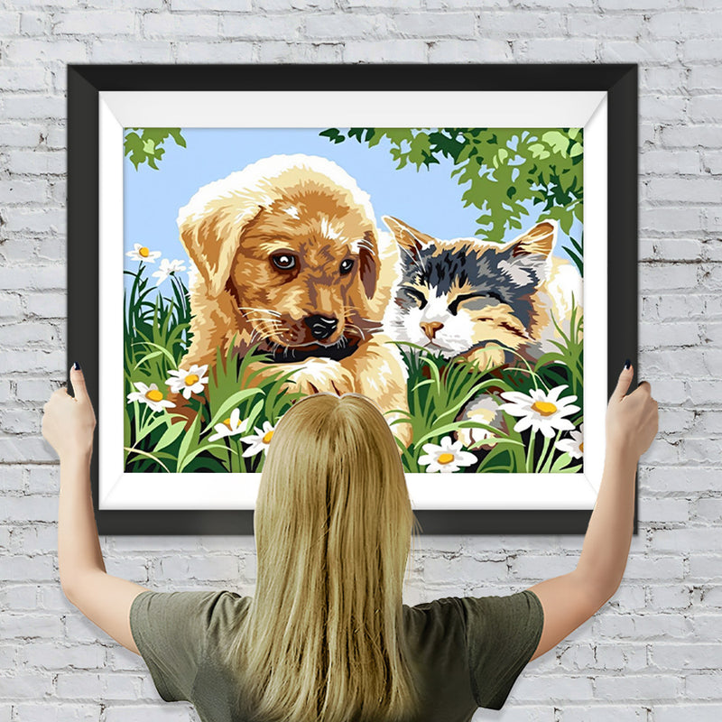 Katze und Hund auf der Wiese Diamond Painting