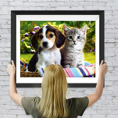 Katze und Hund im Korb Diamond Painting