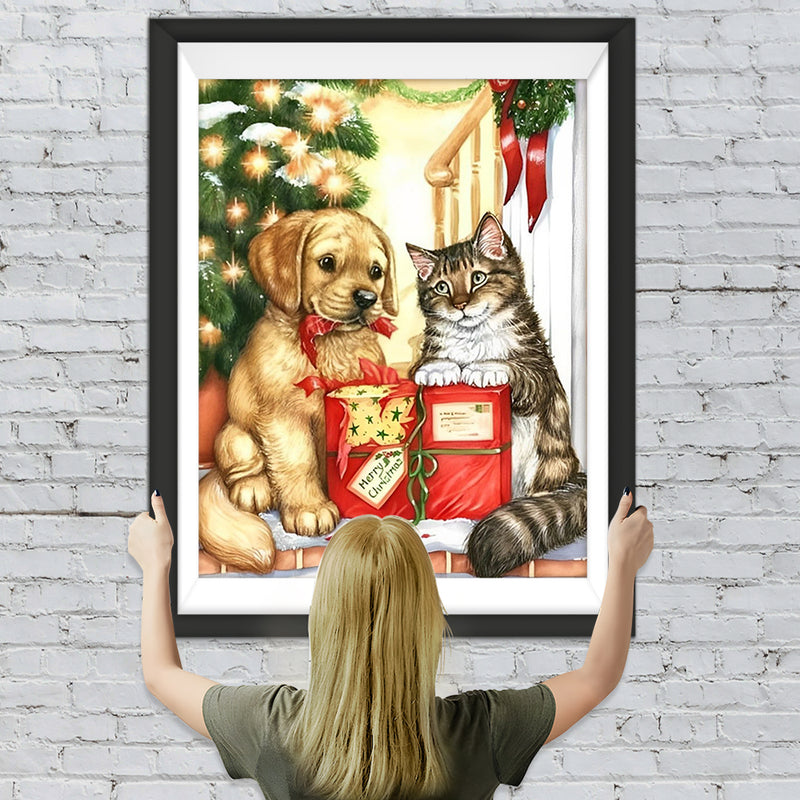 Katze und Hund mit ihren Weihnachtsgeschenken Diamond Painting