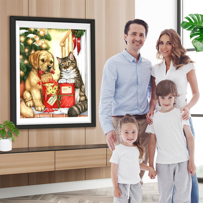 Katze und Hund mit ihren Weihnachtsgeschenken Diamond Painting