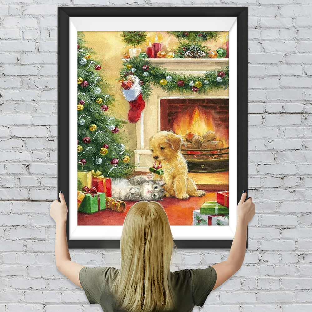 Katze und Hund unter dem Weihnachtsbaum Diamond Painting