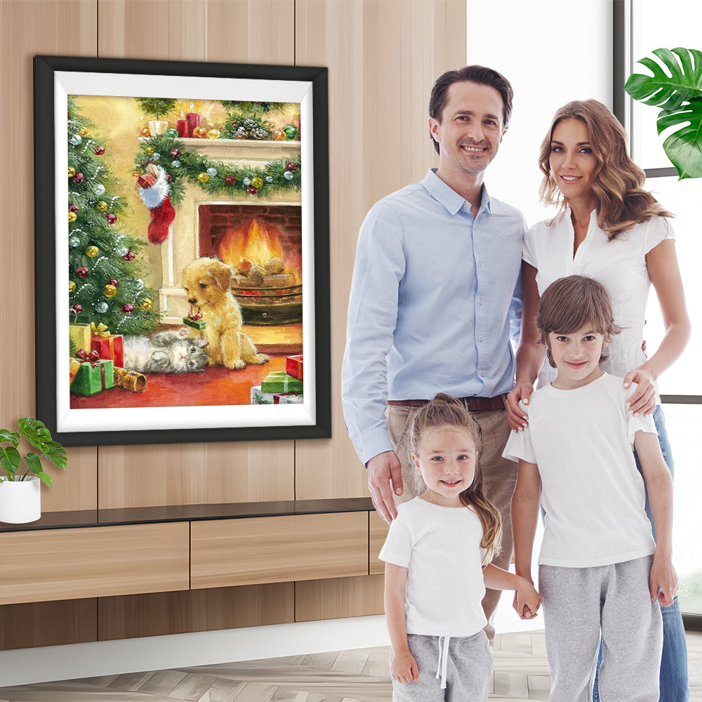 Katze und Hund unter dem Weihnachtsbaum Diamond Painting