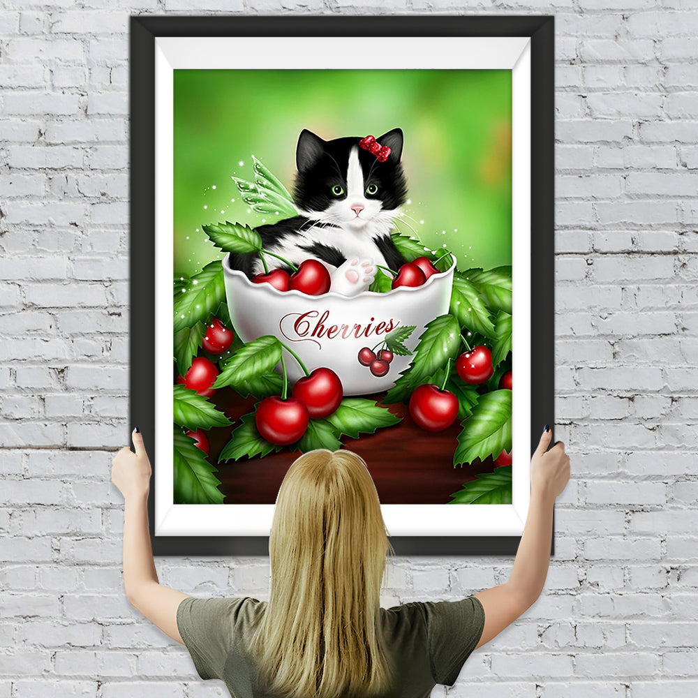 Katze und Kirschen in der Tasse Diamond Painting