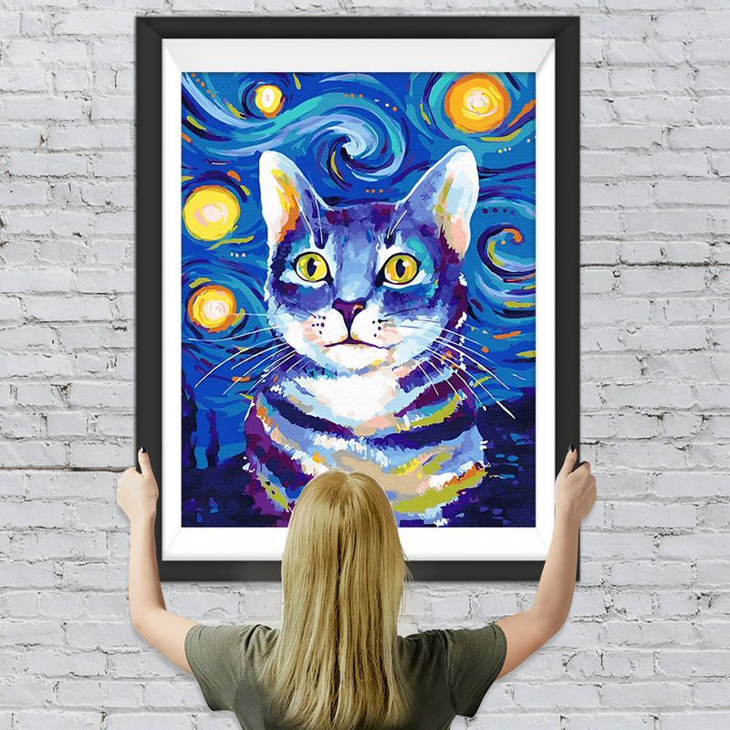 Katze und Nachthimmel Diamond Painting