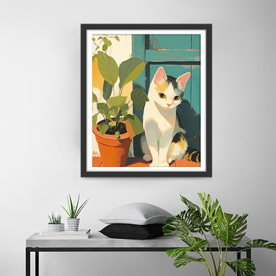 Katze und Pflanze vor der Tür Diamond Painting