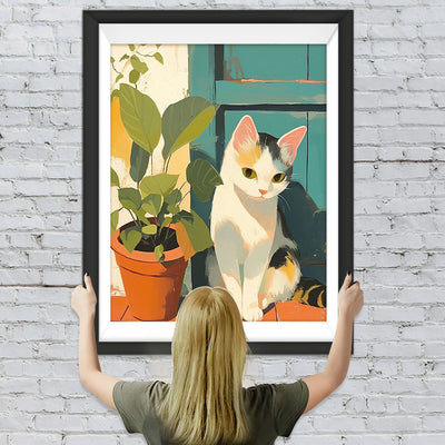 Katze und Pflanze vor der Tür Diamond Painting