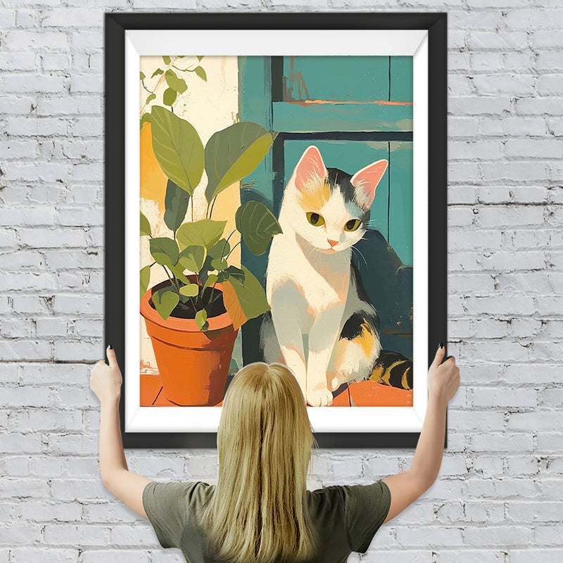 Katze und Pflanze vor der Tür Diamond Painting