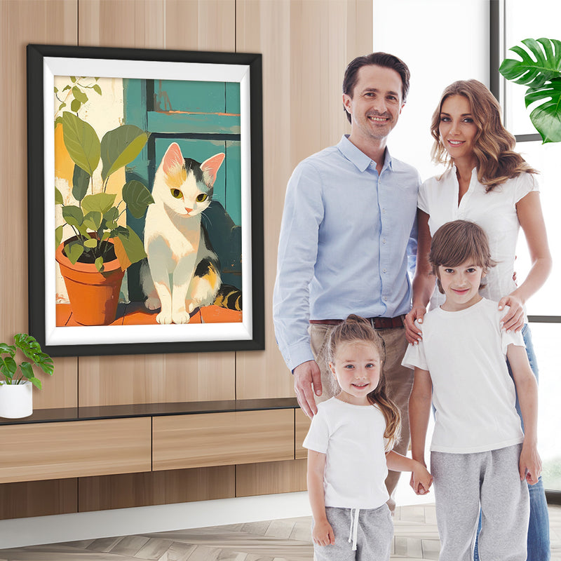 Katze und Pflanze vor der Tür Diamond Painting