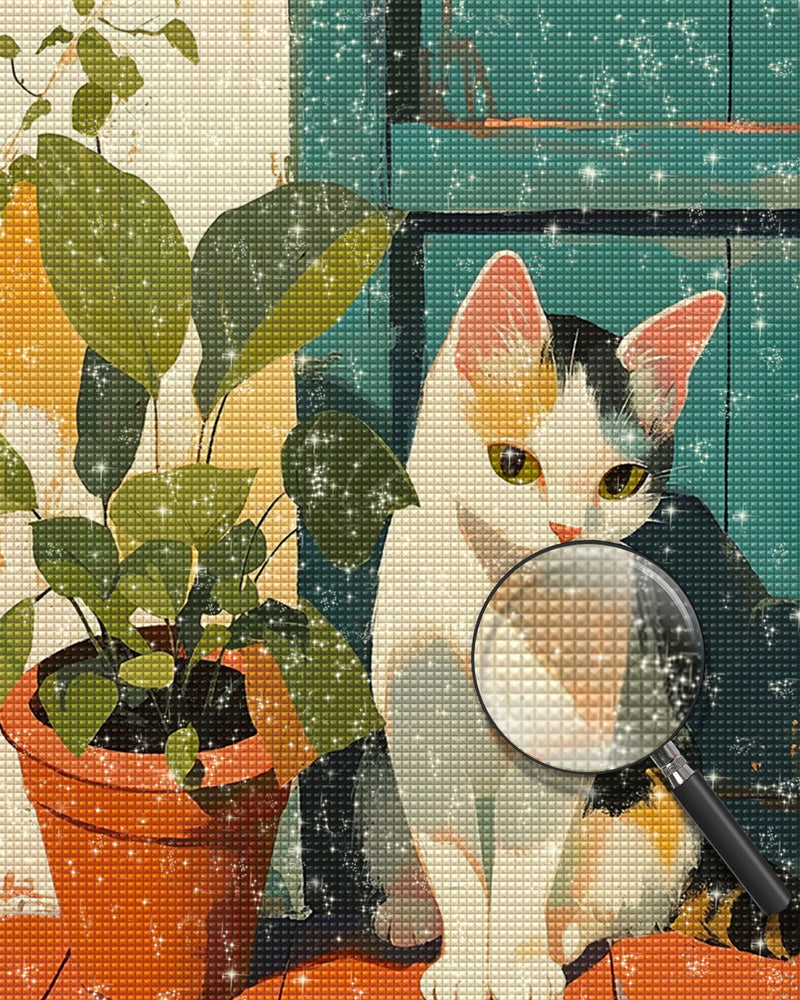 Katze und Pflanze vor der Tür Diamond Painting