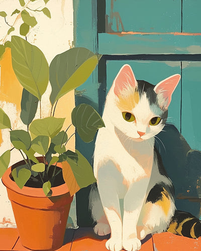 Katze und Pflanze vor der Tür Diamond Painting