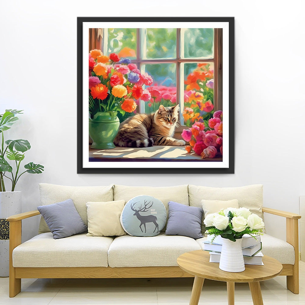 Katze und prächtige Blumen auf der Fensterbank Diamond Painting