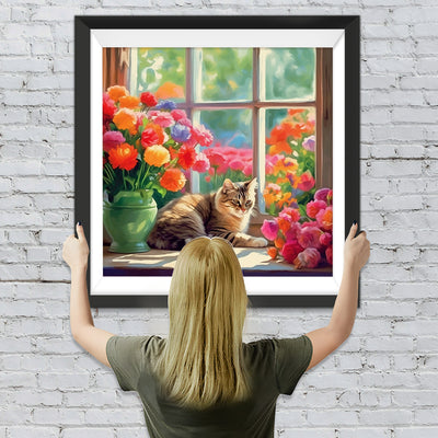 Katze und prächtige Blumen auf der Fensterbank Diamond Painting