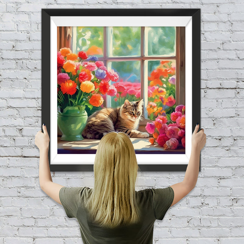 Katze und prächtige Blumen auf der Fensterbank Diamond Painting