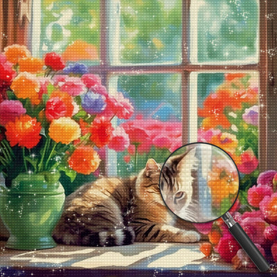 Katze und prächtige Blumen auf der Fensterbank Diamond Painting