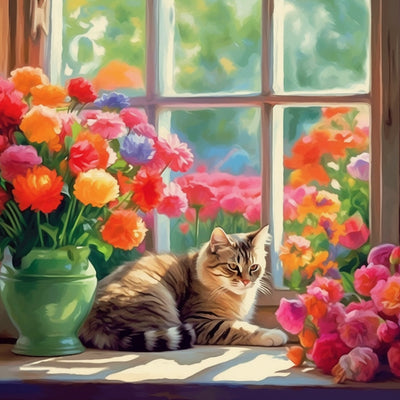 Katze und prächtige Blumen auf der Fensterbank Diamond Painting