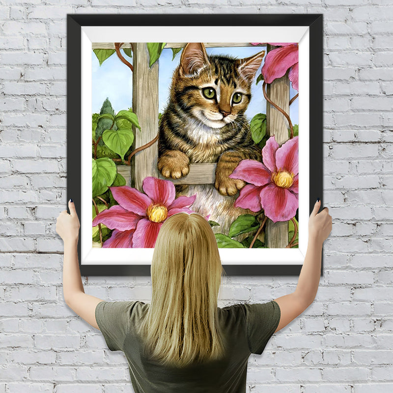 Katze und rosa Blumen Diamond Painting