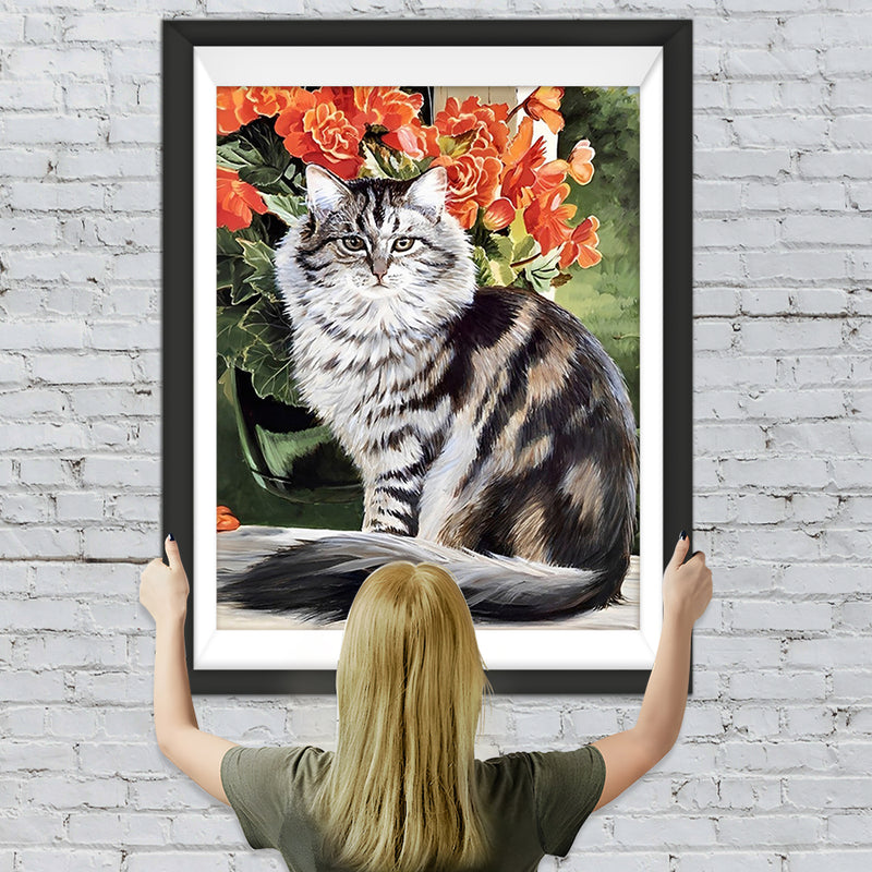 Katze und rote Blumen Diamond Painting