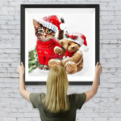 Katze und Teddybär mit Weihnachtsmützen Diamond Painting