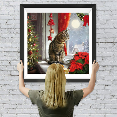 Katze und Weihnachtsgeschenk vor dem Fenster Diamond Painting