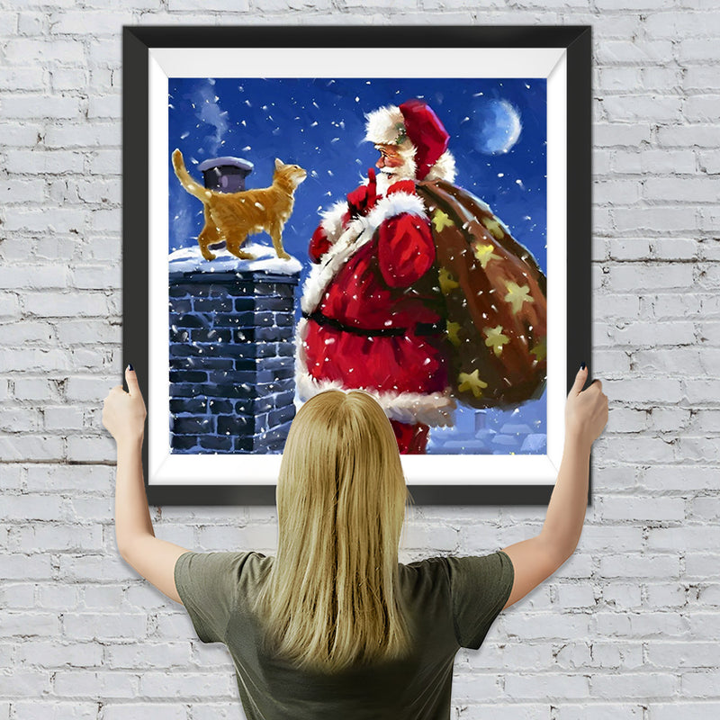 Katze und Weihnachtsmann neben dem Schornstein Diamond Painting