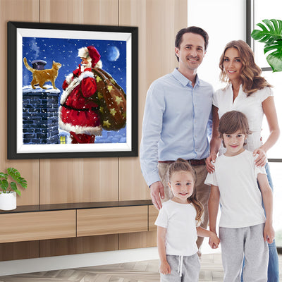 Katze und Weihnachtsmann neben dem Schornstein Diamond Painting