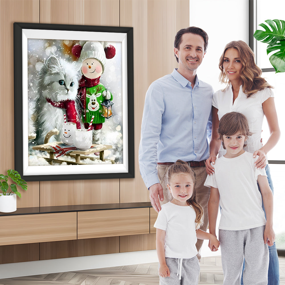 Katze und Weihnachtsschneemann Diamond Painting