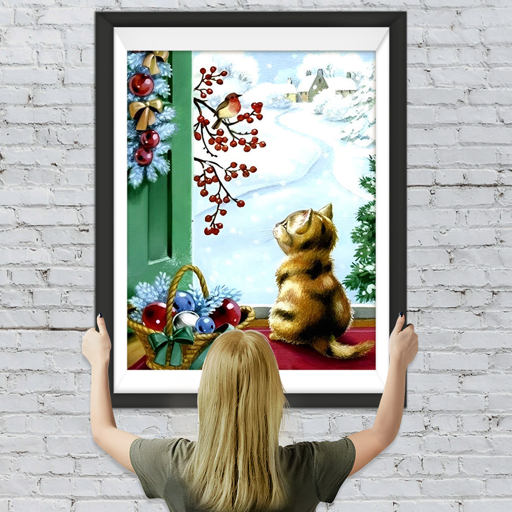 Katze Vogel Schnee Diamond Painting