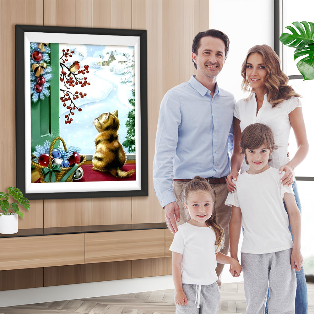 Katze Vogel Schnee Diamond Painting