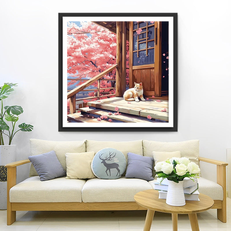 Katze vor dem Holzhaus Diamond Painting