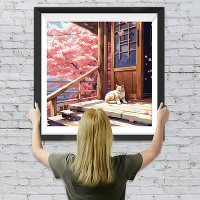 Katze vor dem Holzhaus Diamond Painting