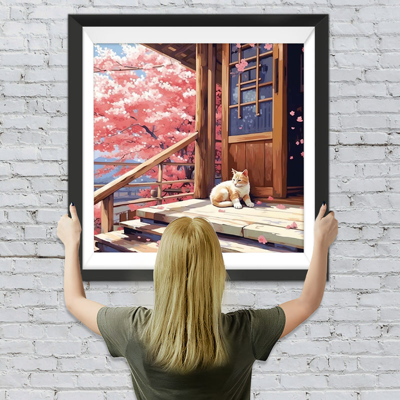 Katze vor dem Holzhaus Diamond Painting