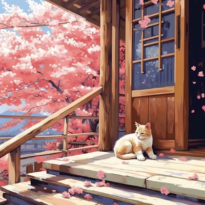 Katze vor dem Holzhaus Diamond Painting