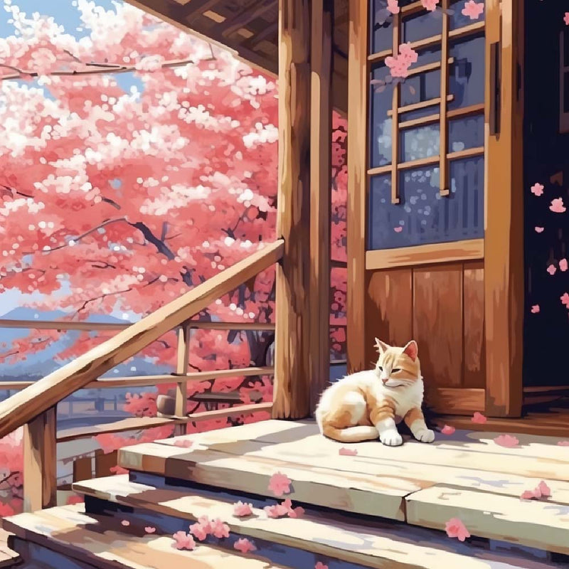 Katze vor dem Holzhaus Diamond Painting