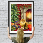 Katze, Weihnachtsbaum und Geschenke am Kamin Diamond Painting