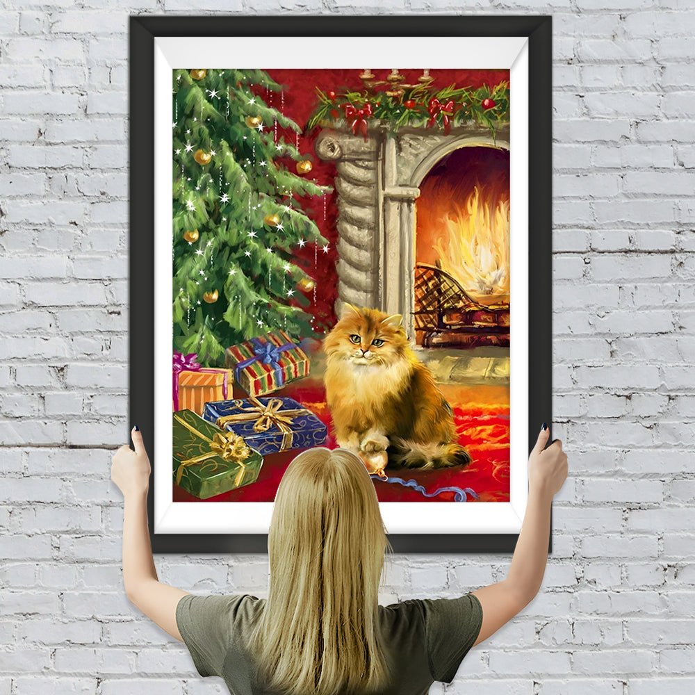 Katze, Weihnachtsbaum und Geschenke am Kamin Diamond Painting