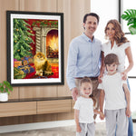 Katze, Weihnachtsbaum und Geschenke am Kamin Diamond Painting