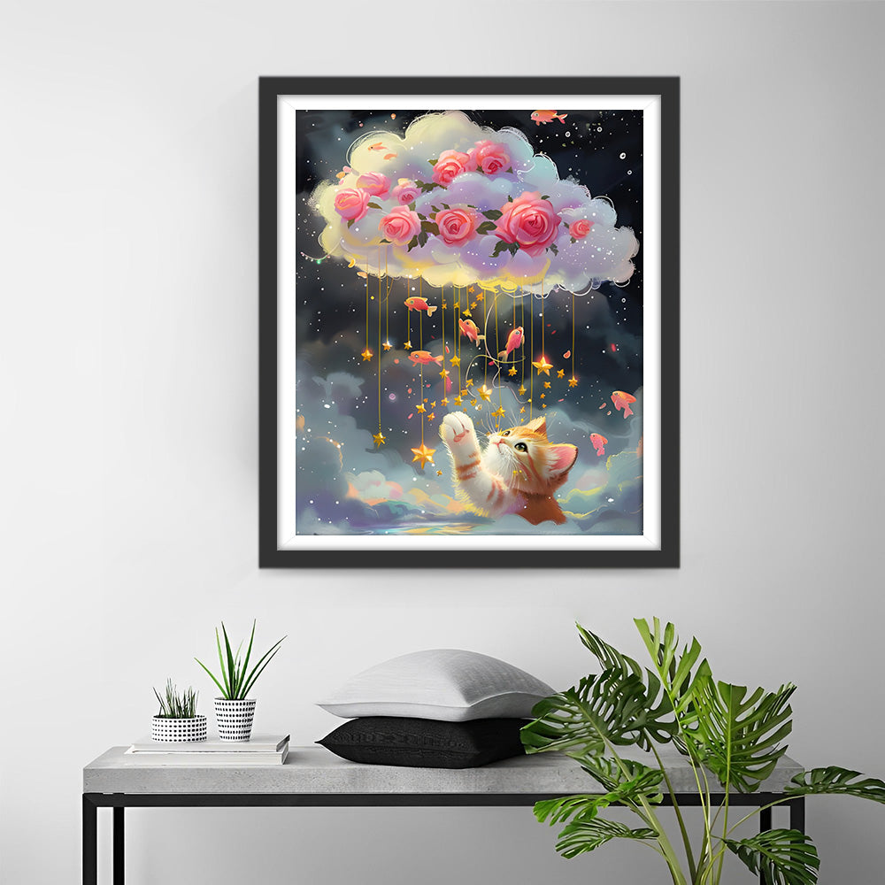 Katze wünscht sich rosa Rosen in den Wolken und Goldfische Diamond Painting