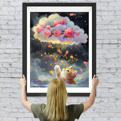 Katze wünscht sich rosa Rosen in den Wolken und Goldfische Diamond Painting
