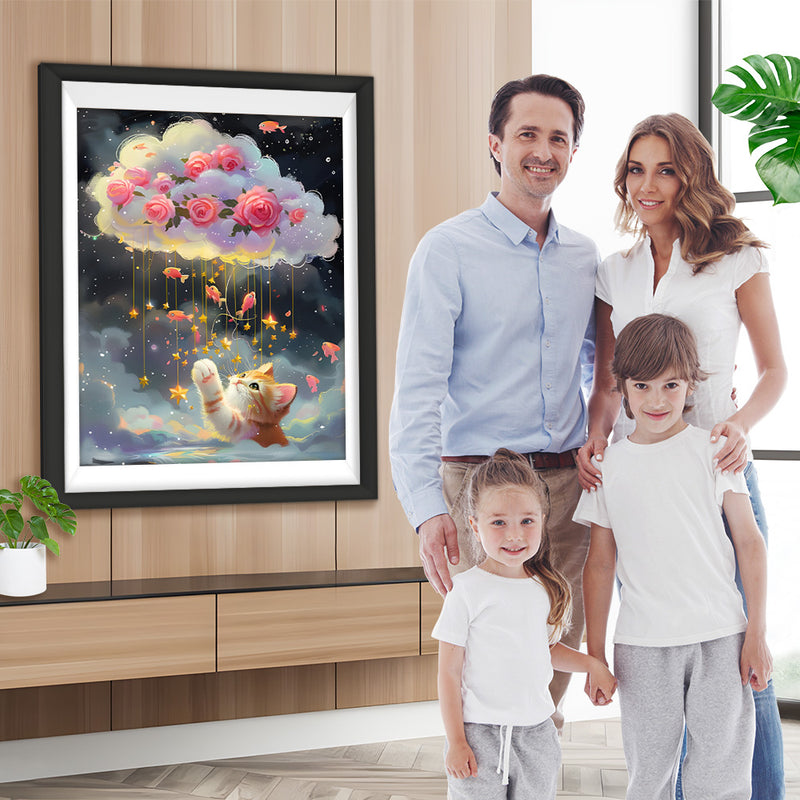 Katze wünscht sich rosa Rosen in den Wolken und Goldfische Diamond Painting