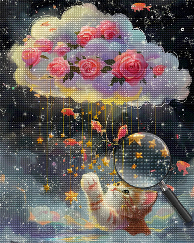 Katze wünscht sich rosa Rosen in den Wolken und Goldfische Diamond Painting